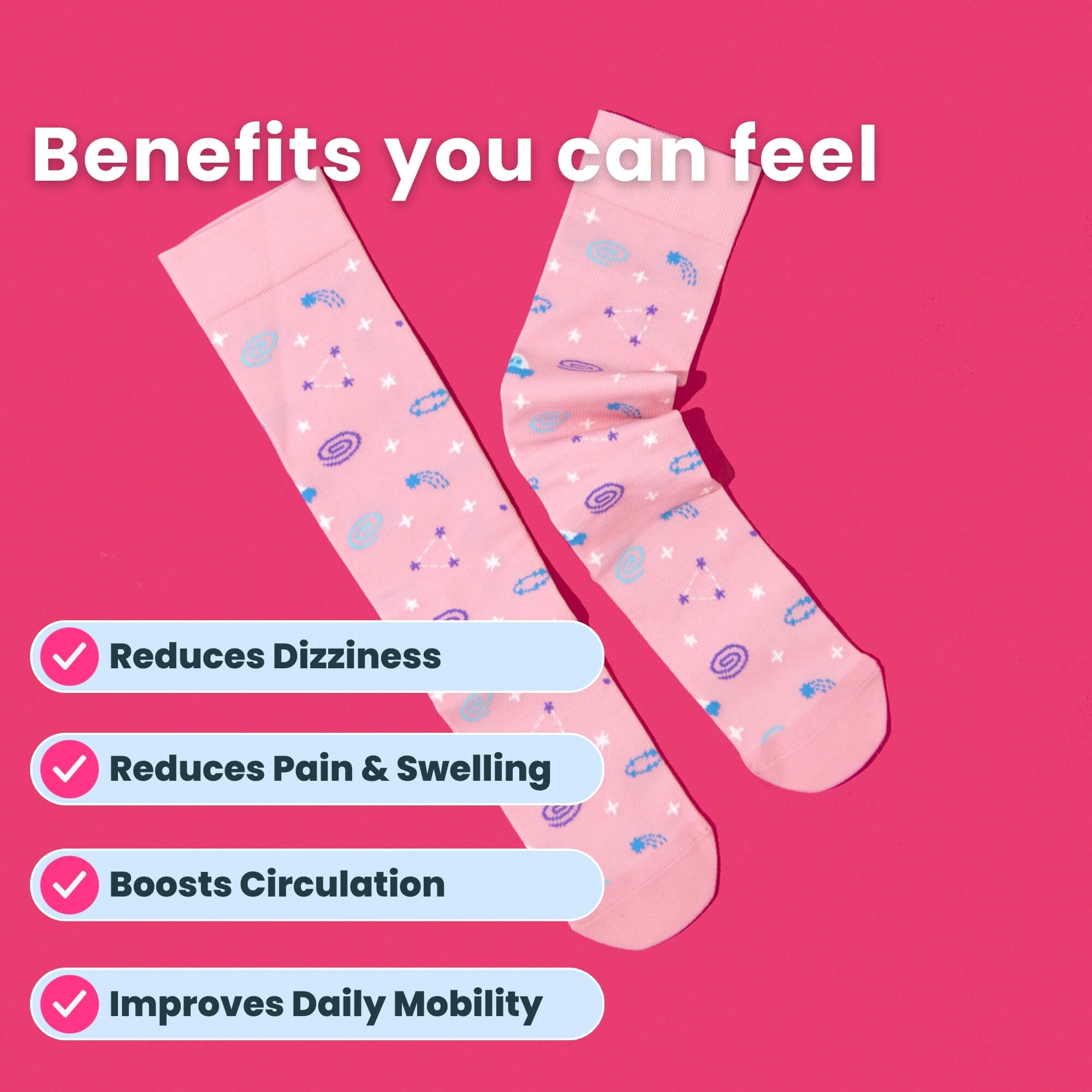 Pink compression socks with astrology pattern flatlay