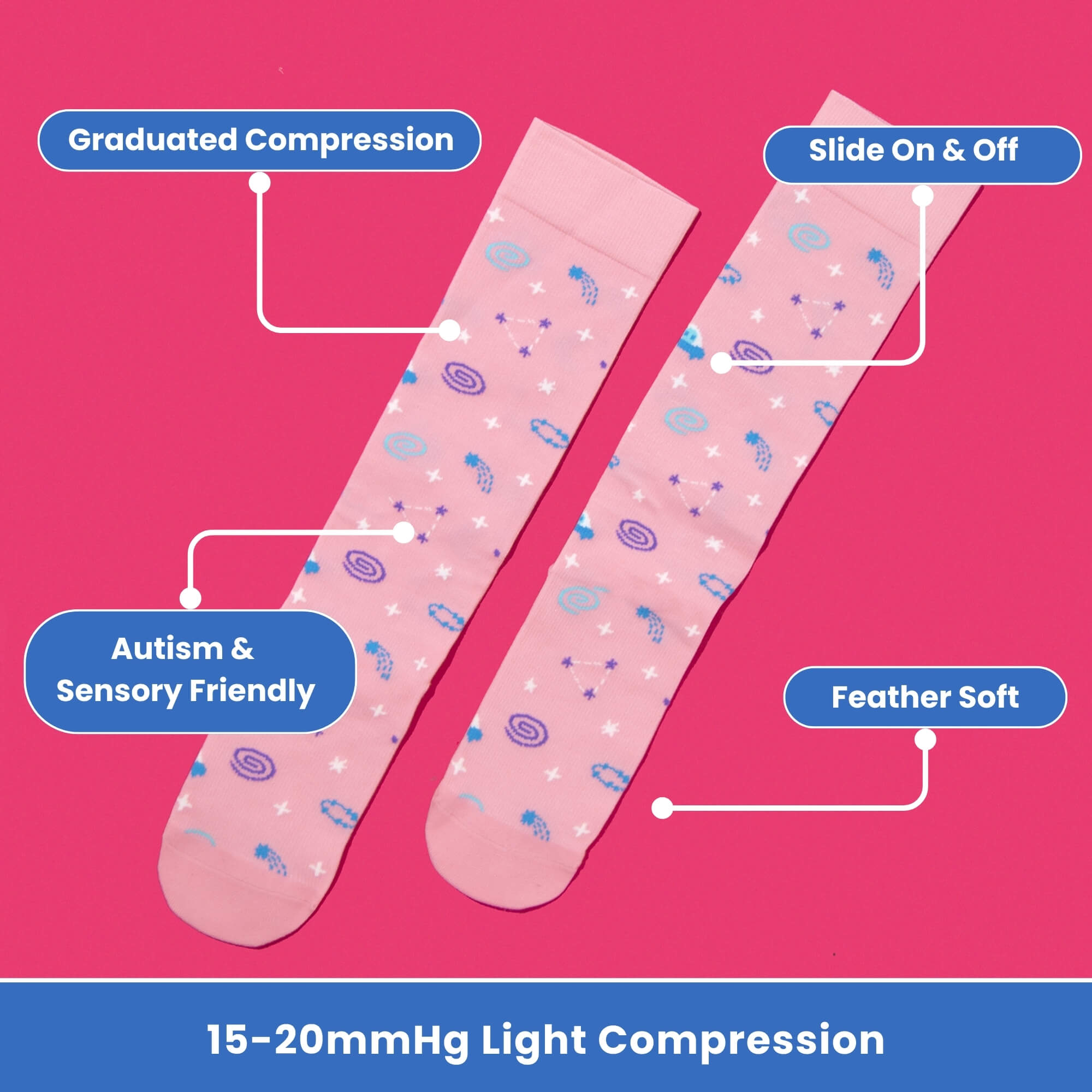 Pink compression socks with astrology pattern flatlay long