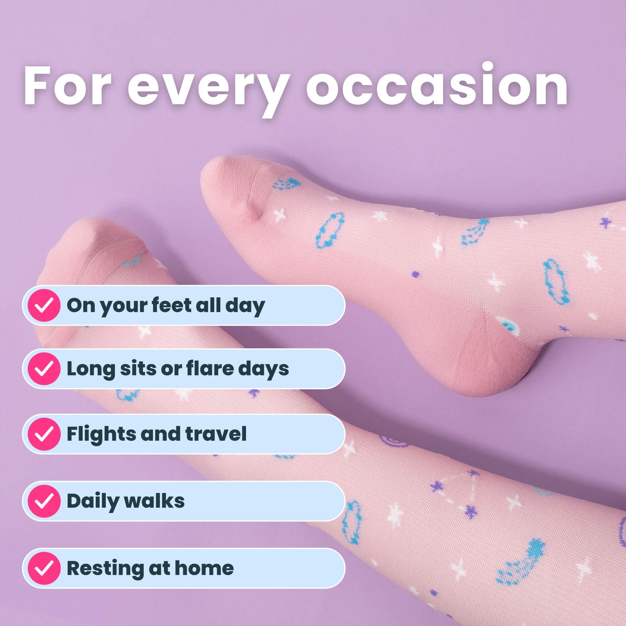 Pink compression socks with astrology pattern close up feet