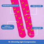 pink compression socks a with butterfly pattern flatlay with features texts