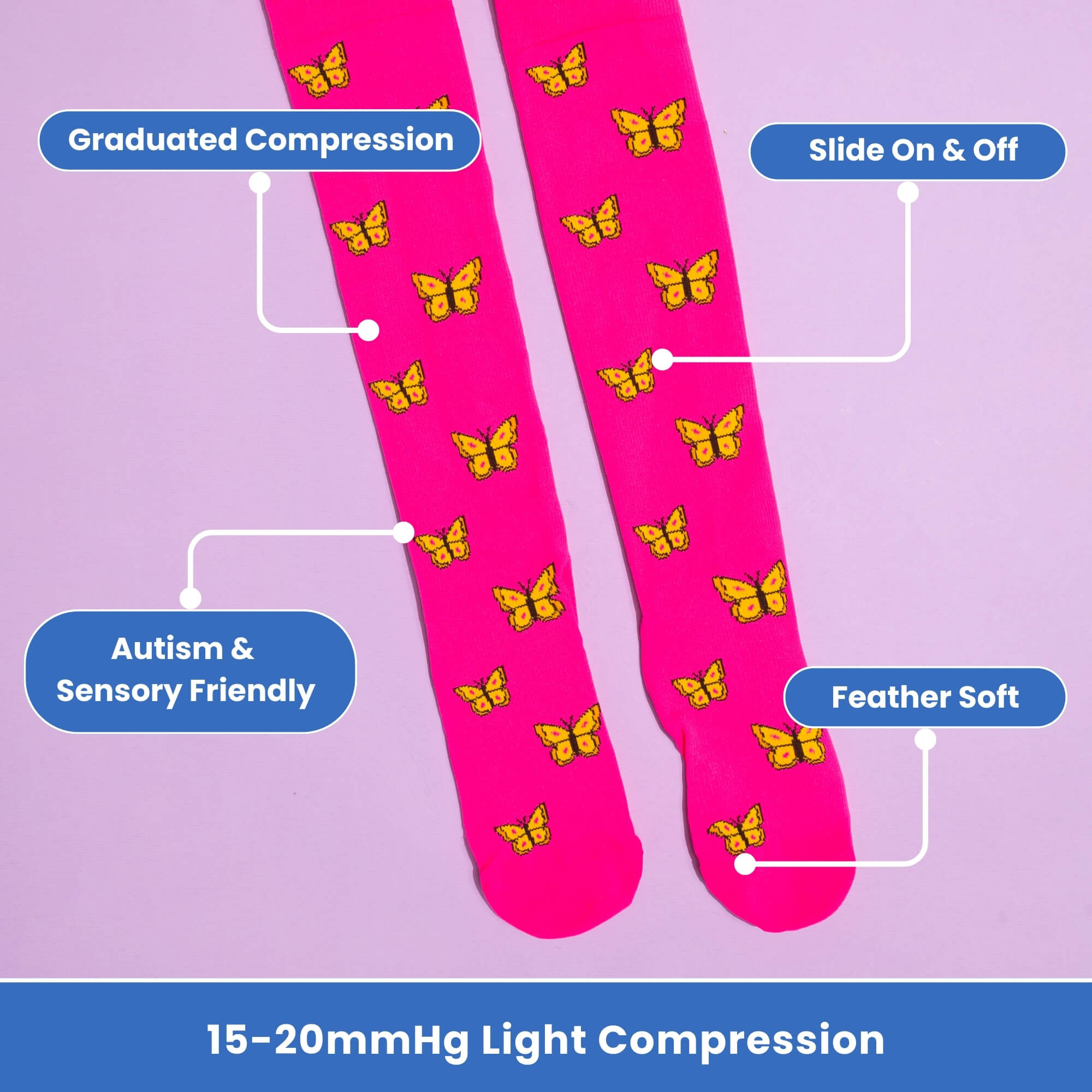 pink compression socks a with butterfly pattern flatlay with features texts