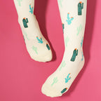 Light brown beige compression socks with a cactus pattern