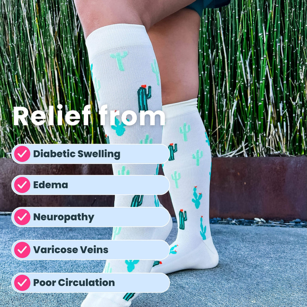 Knee-high compression socks with cactus design on model photo
