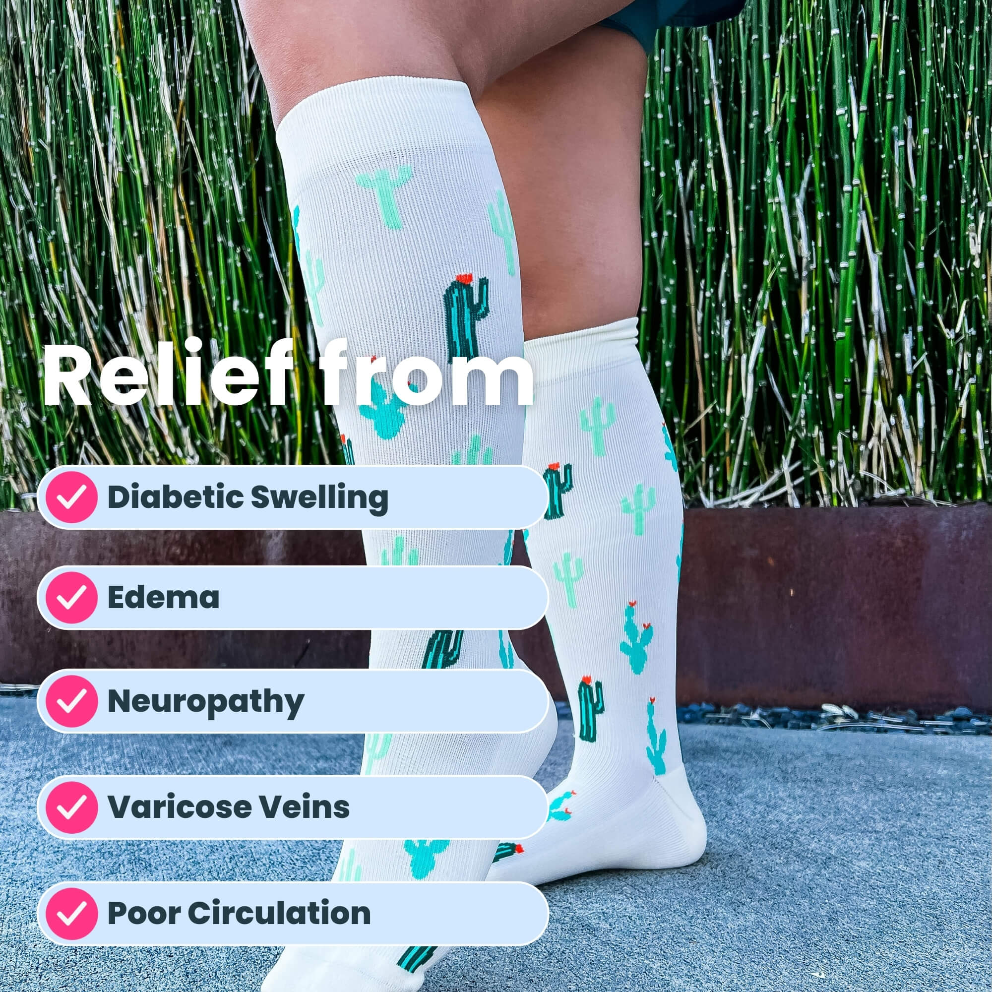 Knee-high compression socks with cactus design on model photo
