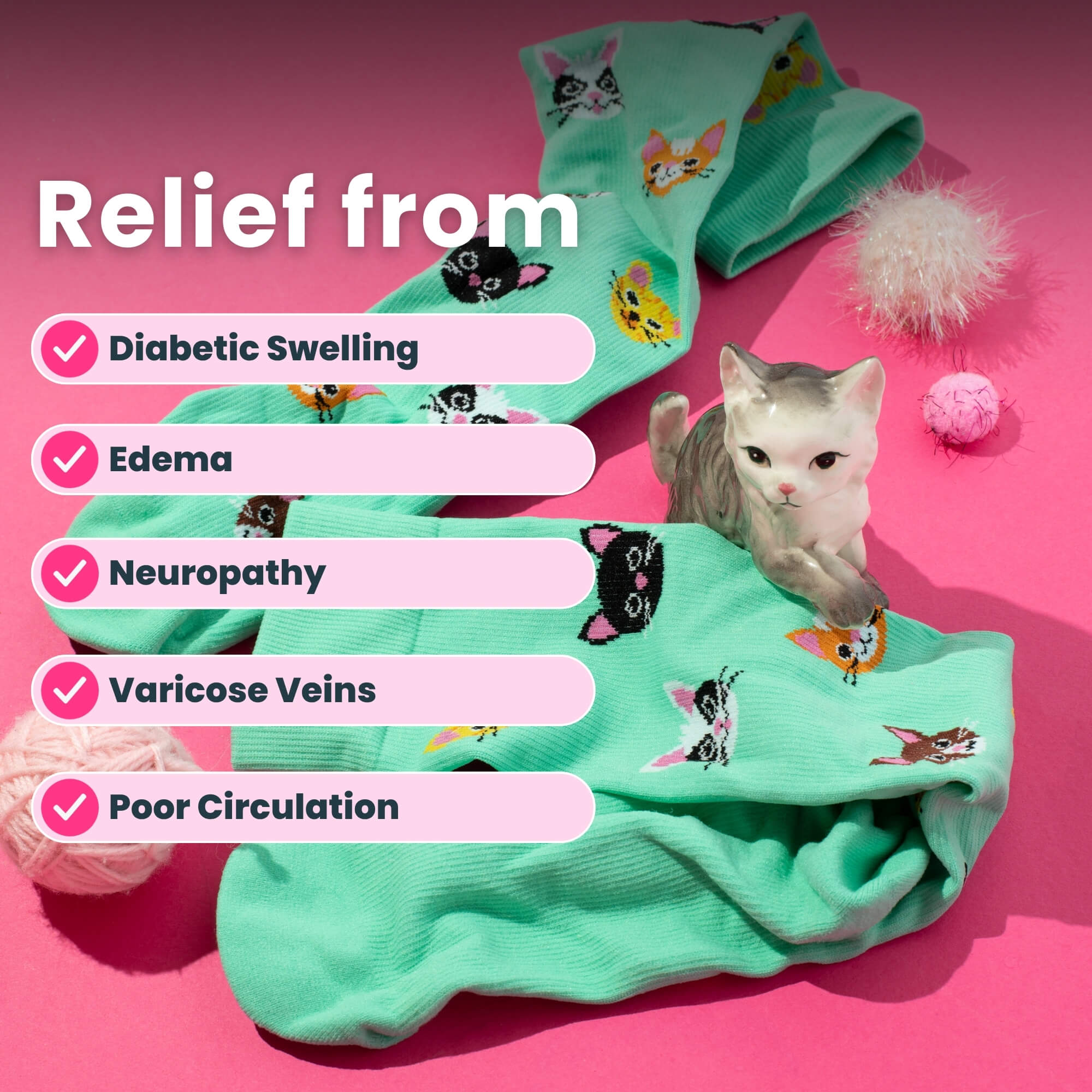 Light green knee high compression socks with cat design and cat toy