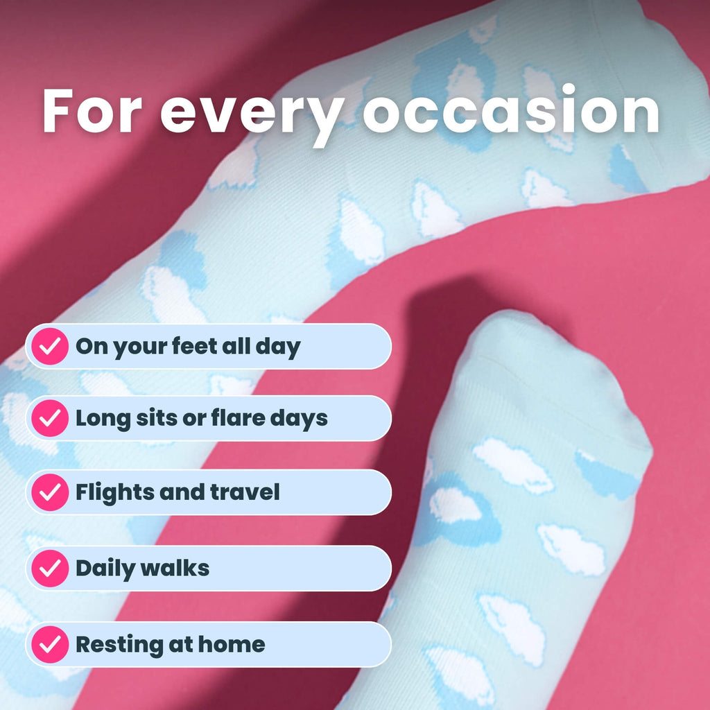 Light blue compression socks with cloud pattern