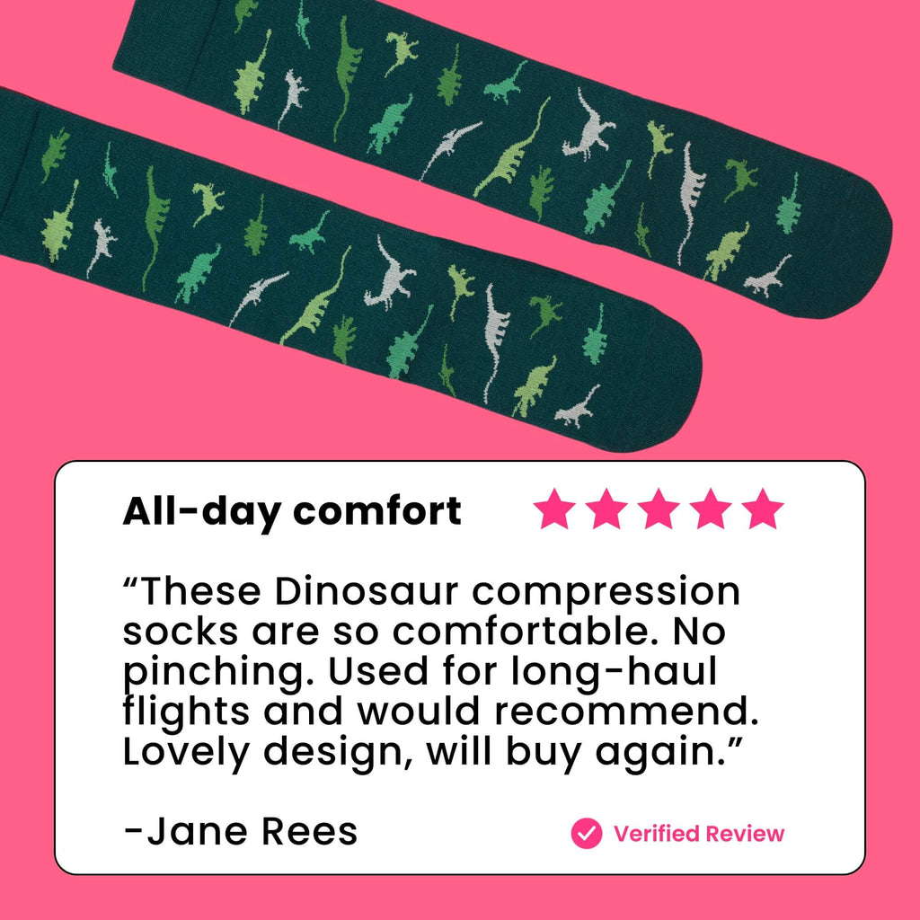 Green compression socks with a dinosaur pattern review text