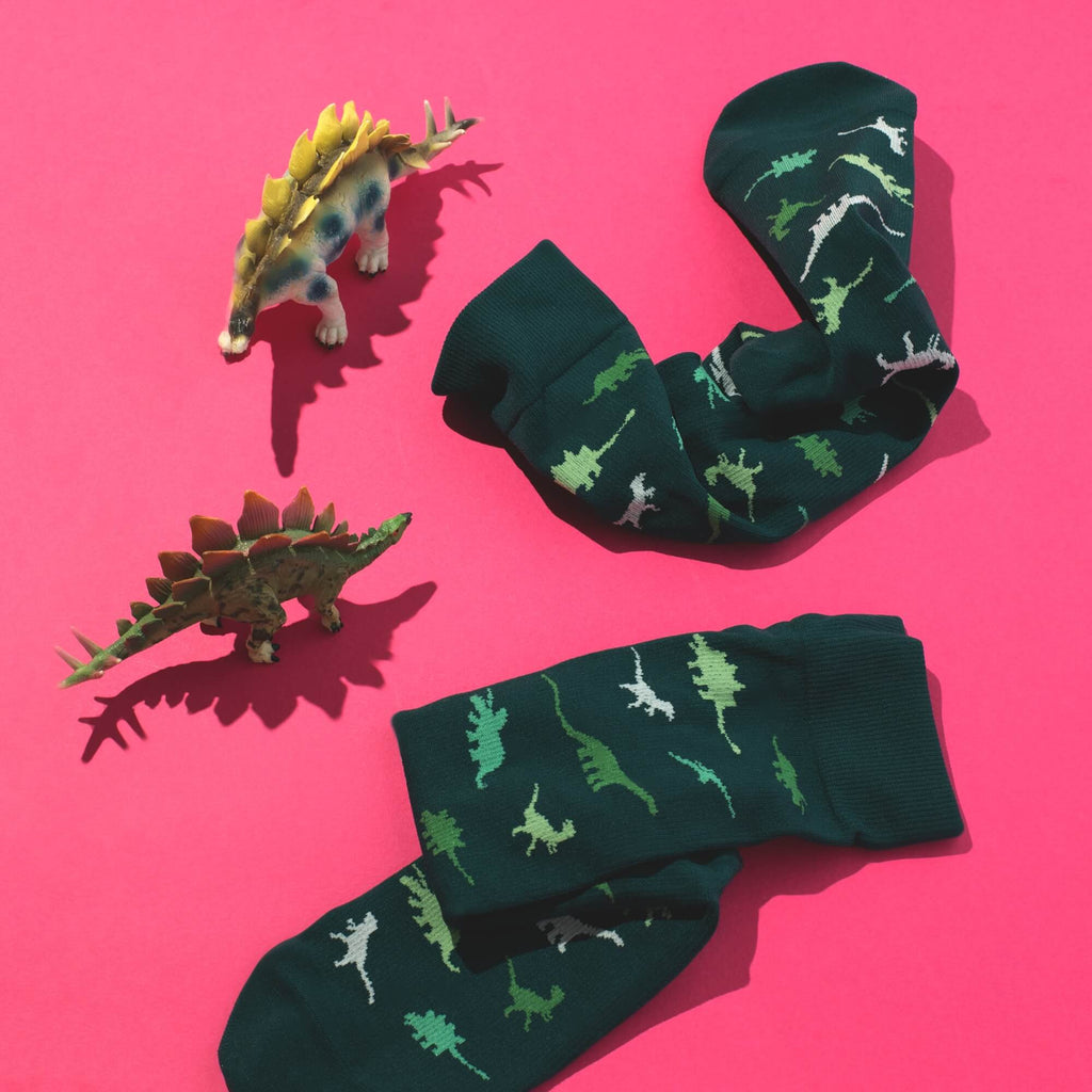 Green compression socks with a dinosaur pattern with toy dinosaur
