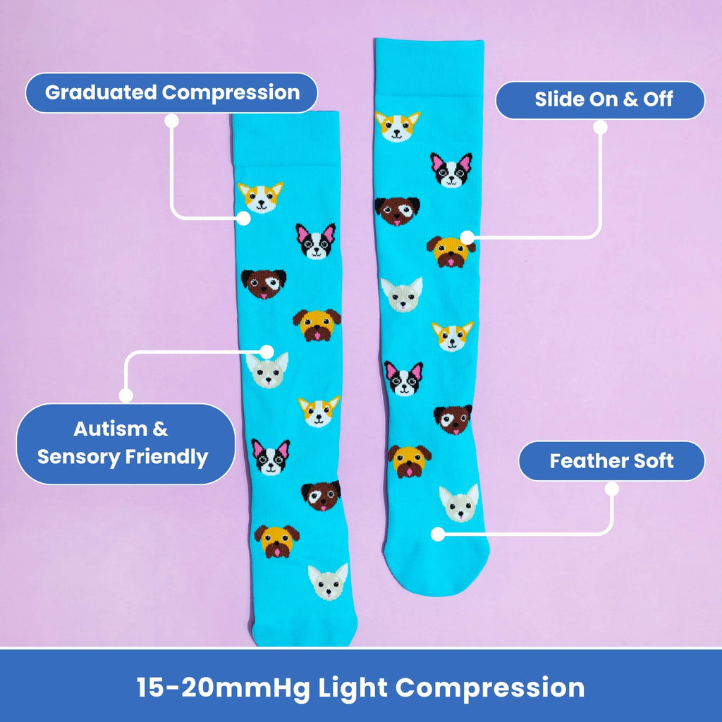 Teal knee-high compression socks with dog patterns flaylay with features
