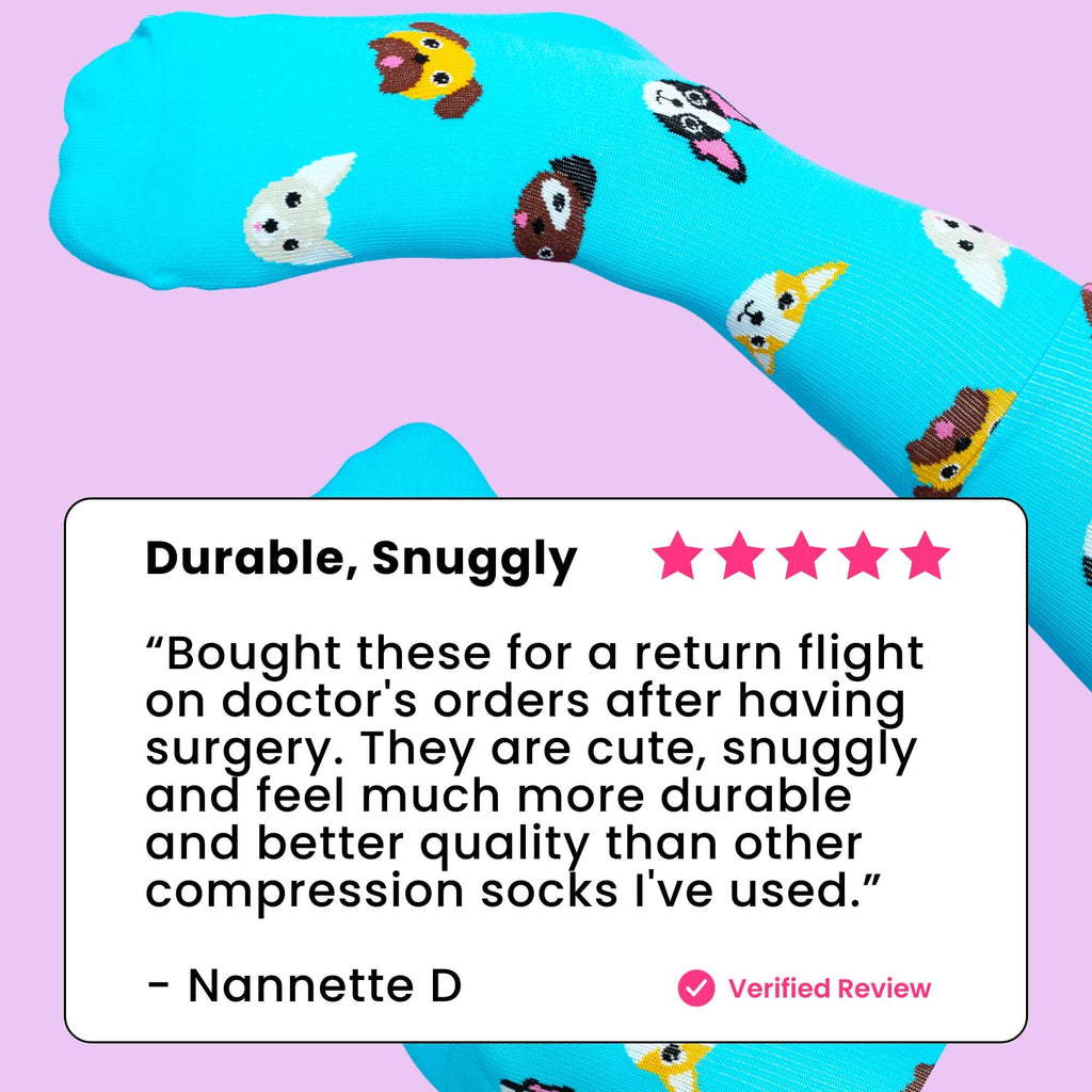 Teal knee-high compression socks with dog patterns review