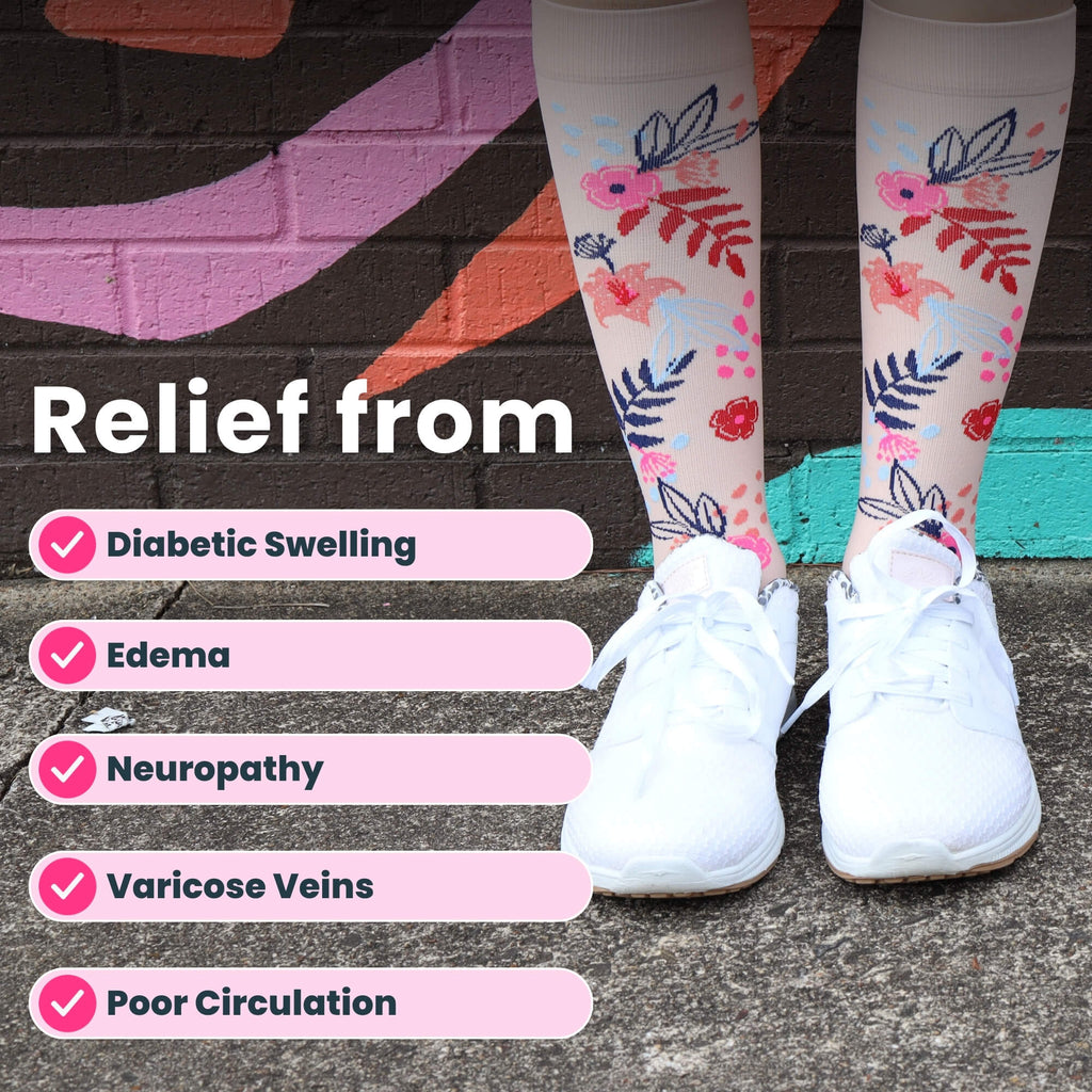 bottom of legs wearing Floral-patterned compression socks