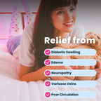 Woman wearing white compression socks with red heart patterns on bed with teddy