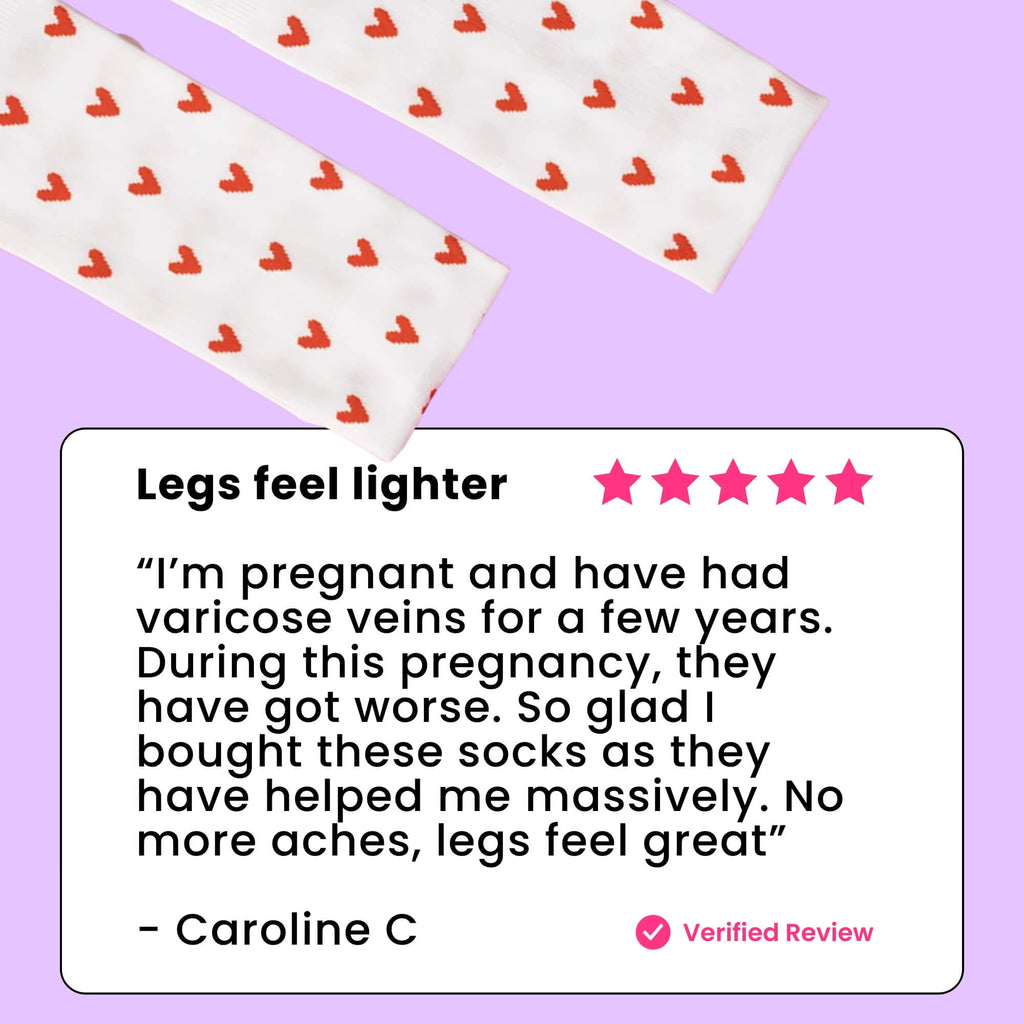 White compression socks with red heart patterns review text