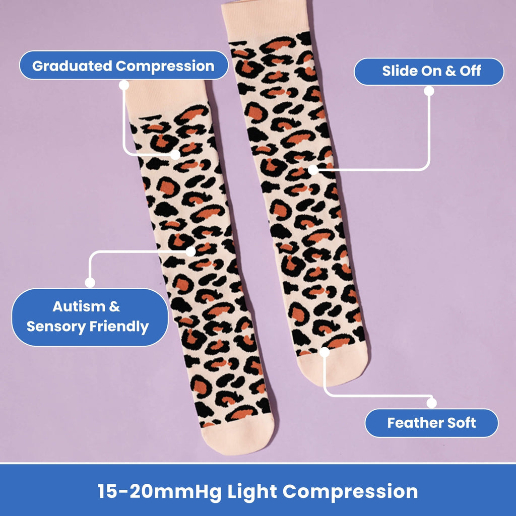 Leopard print compression socks flatlay photo