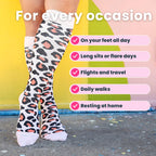 Woman wearing leopard print compression socks close up of legs