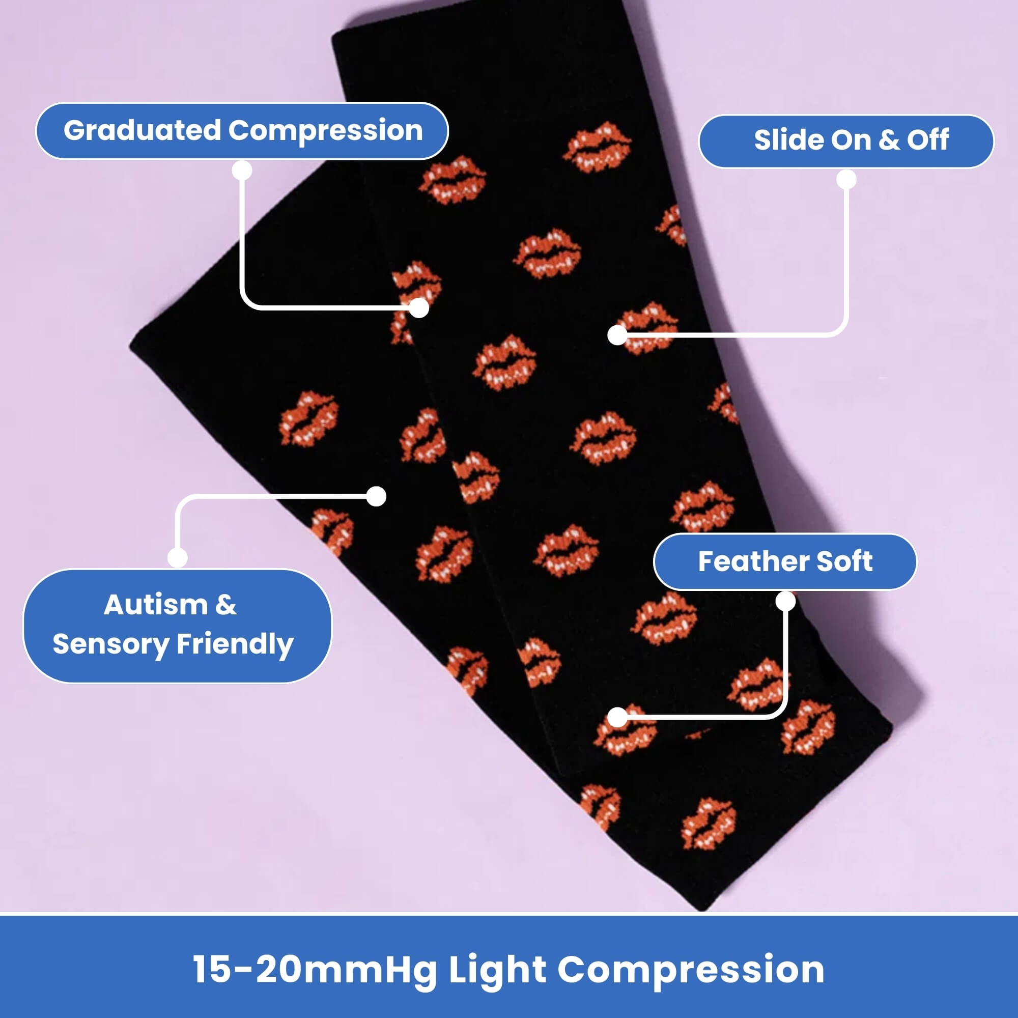 black compression socks with red lip prints folded in half