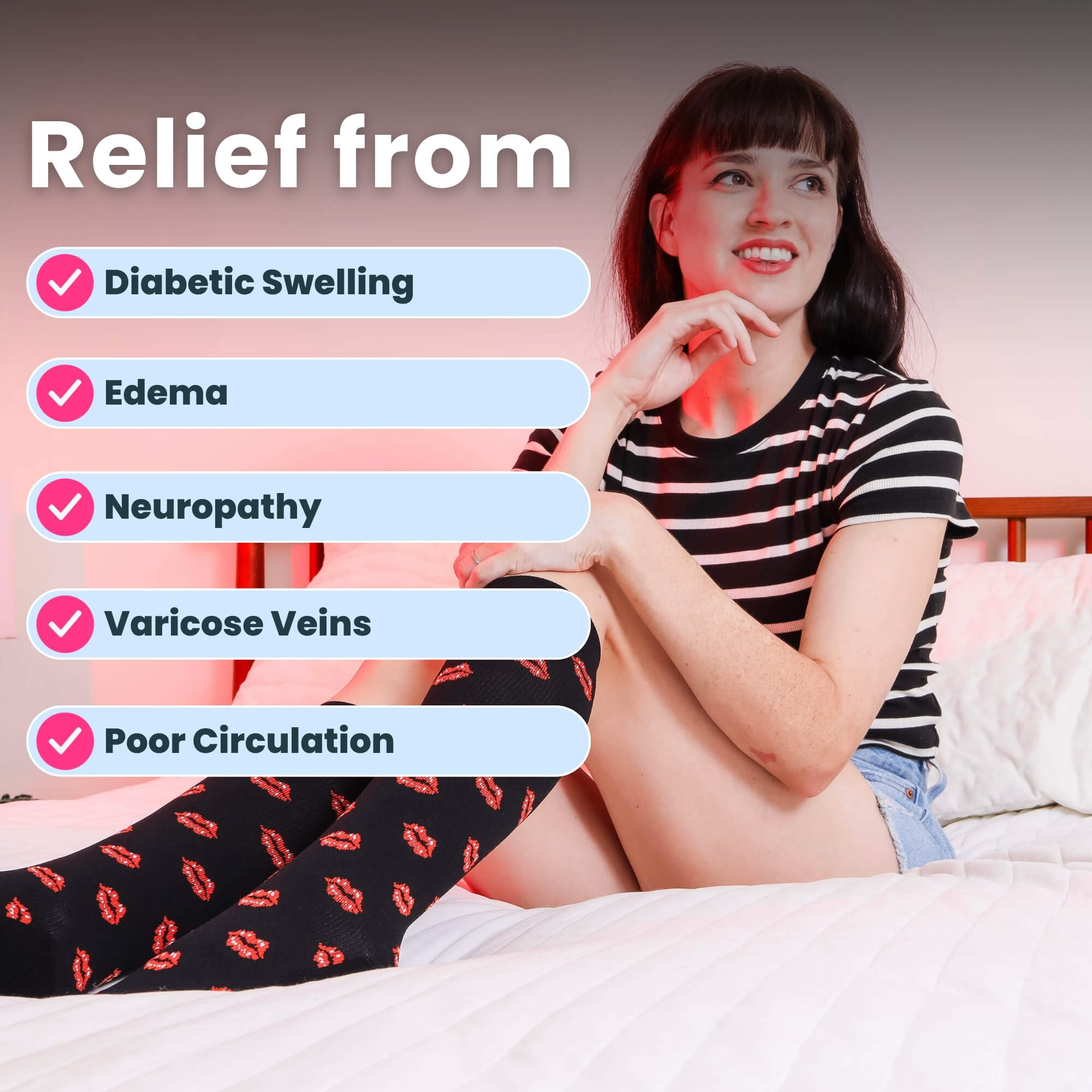 Woman posing on bed wearing black compression socks with red lip prints