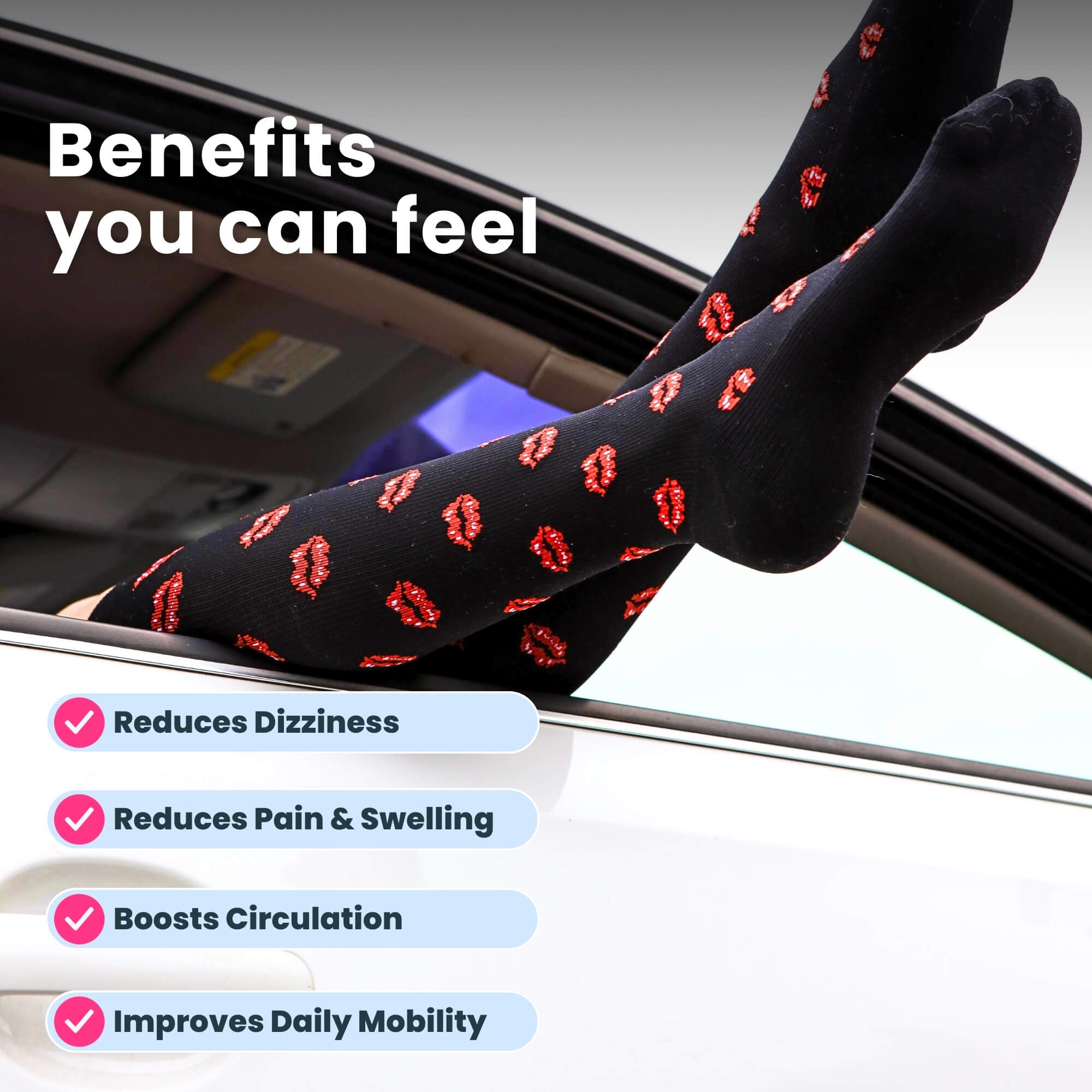 Feet sticking our car window wearing black compression socks with red lip prints