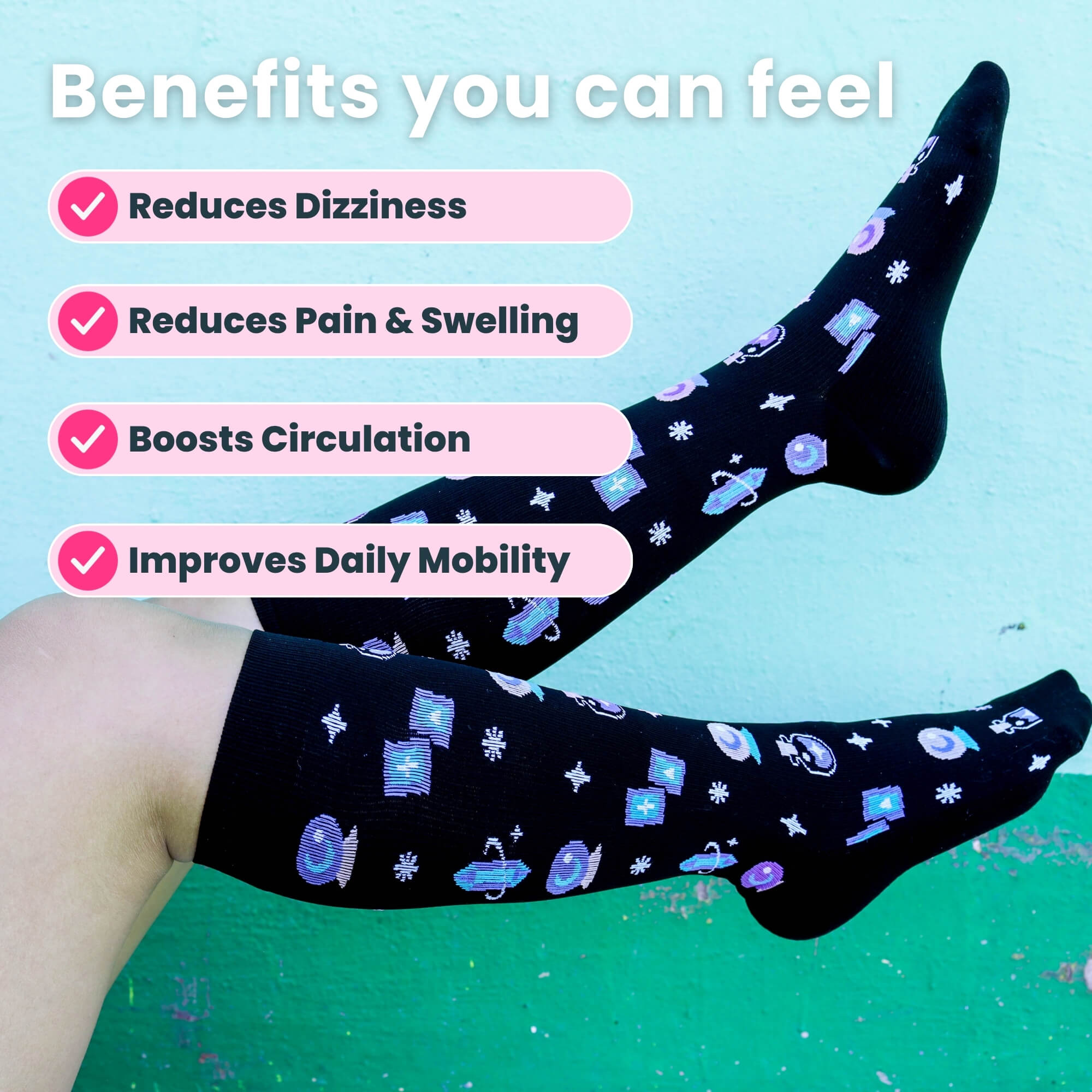 Woman wearing black compression socks with magic pattern close up