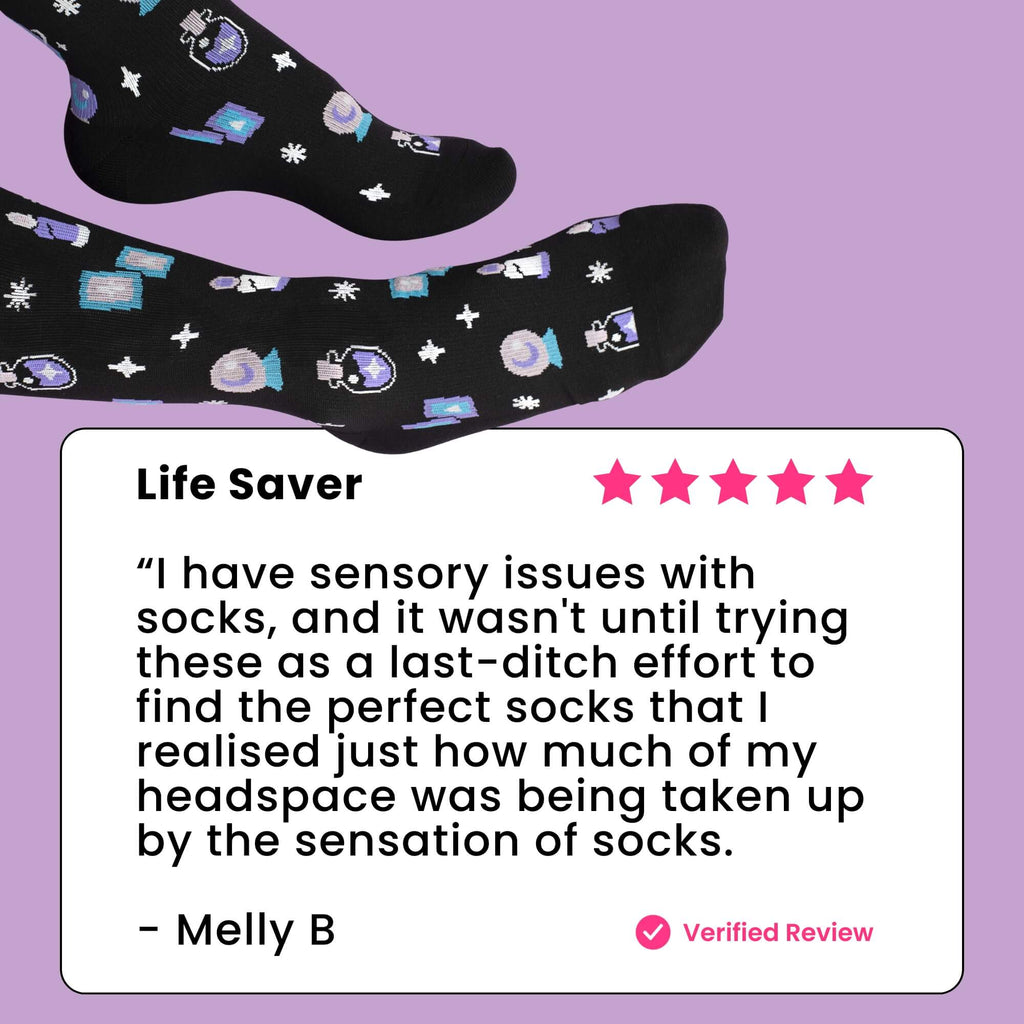 Black compression socks with magic pattern review text