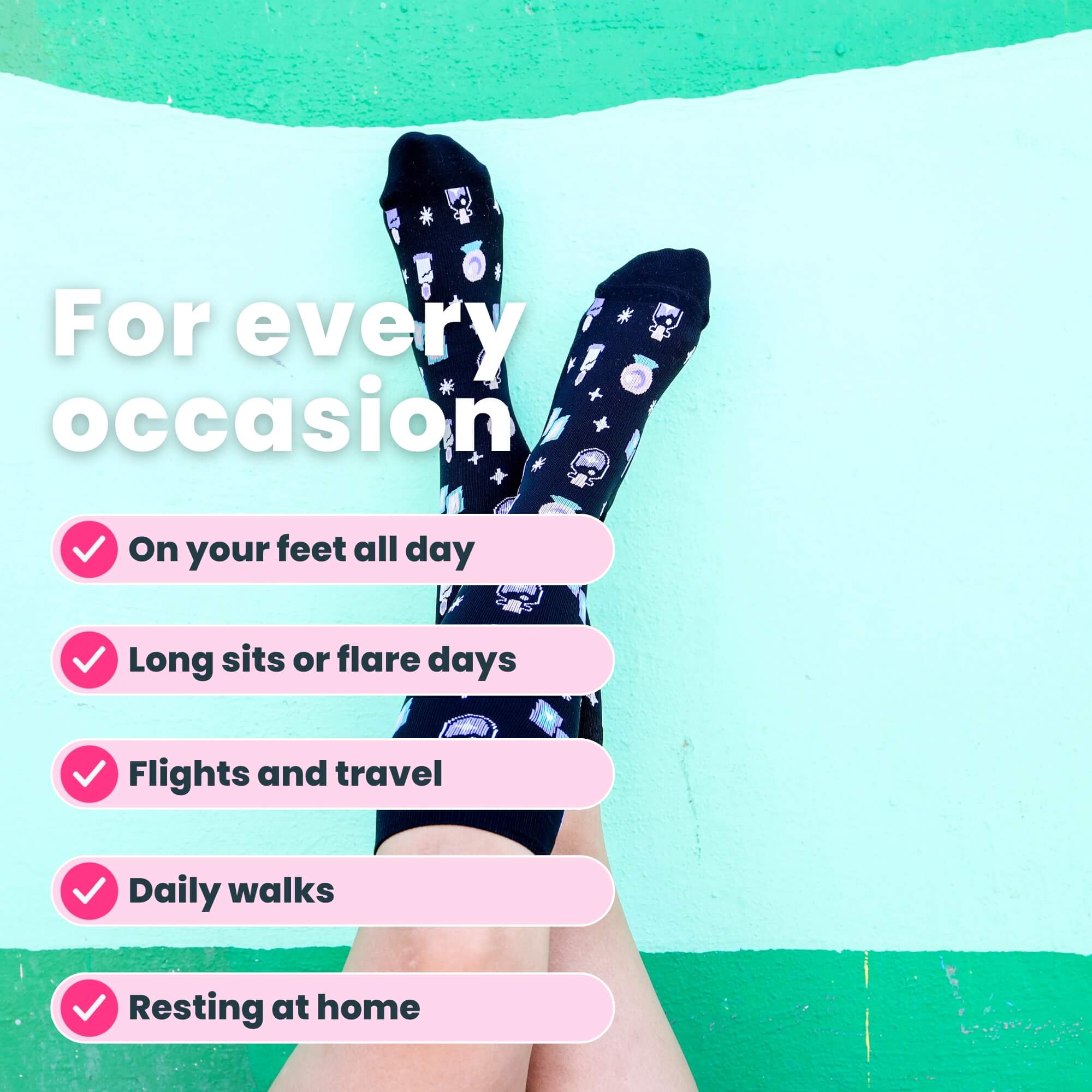 Woman in black compression socks with magic pattern top down photo