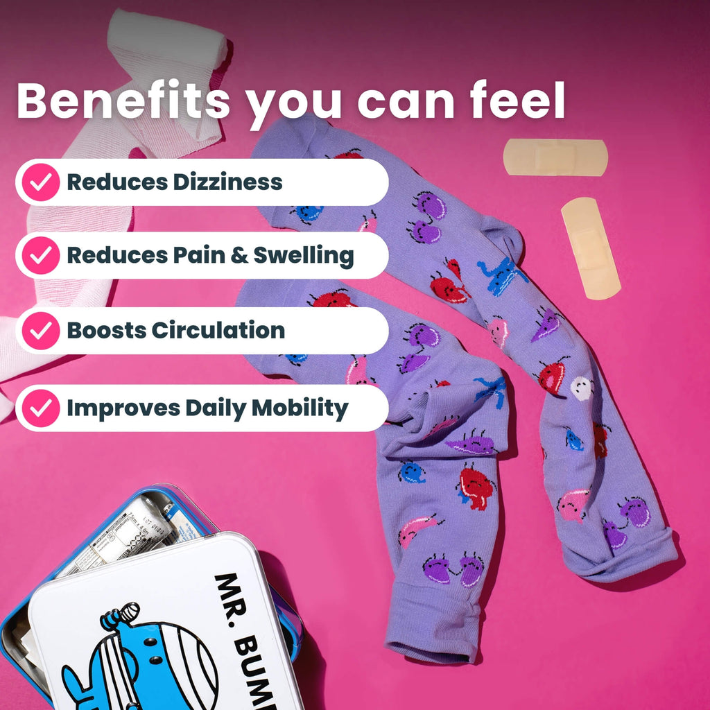 Purple compresion socks with organ pattern and mr bump book