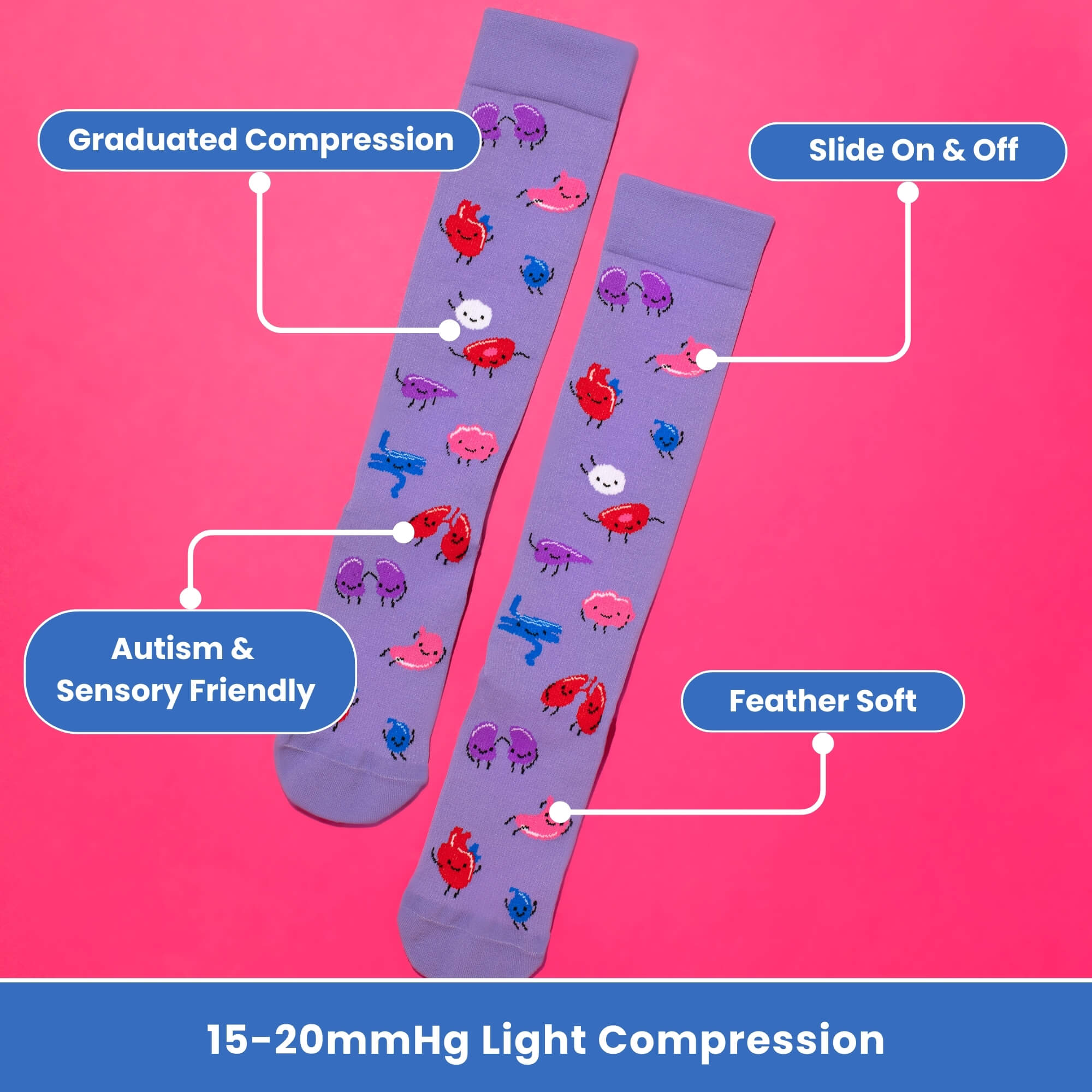 Purple compresion socks with organ pattern flatlay