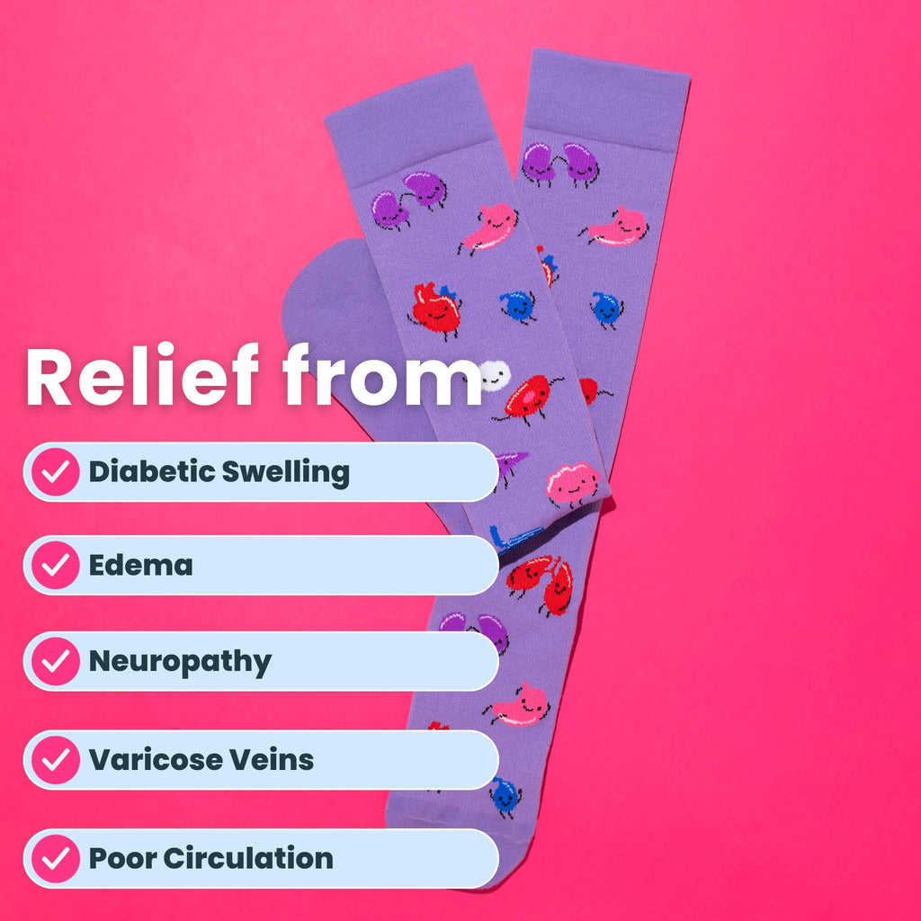 Purple compresion socks with organ pattern flatlay