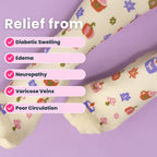 Beige compression socks with pumpkin spice pattern close up toes