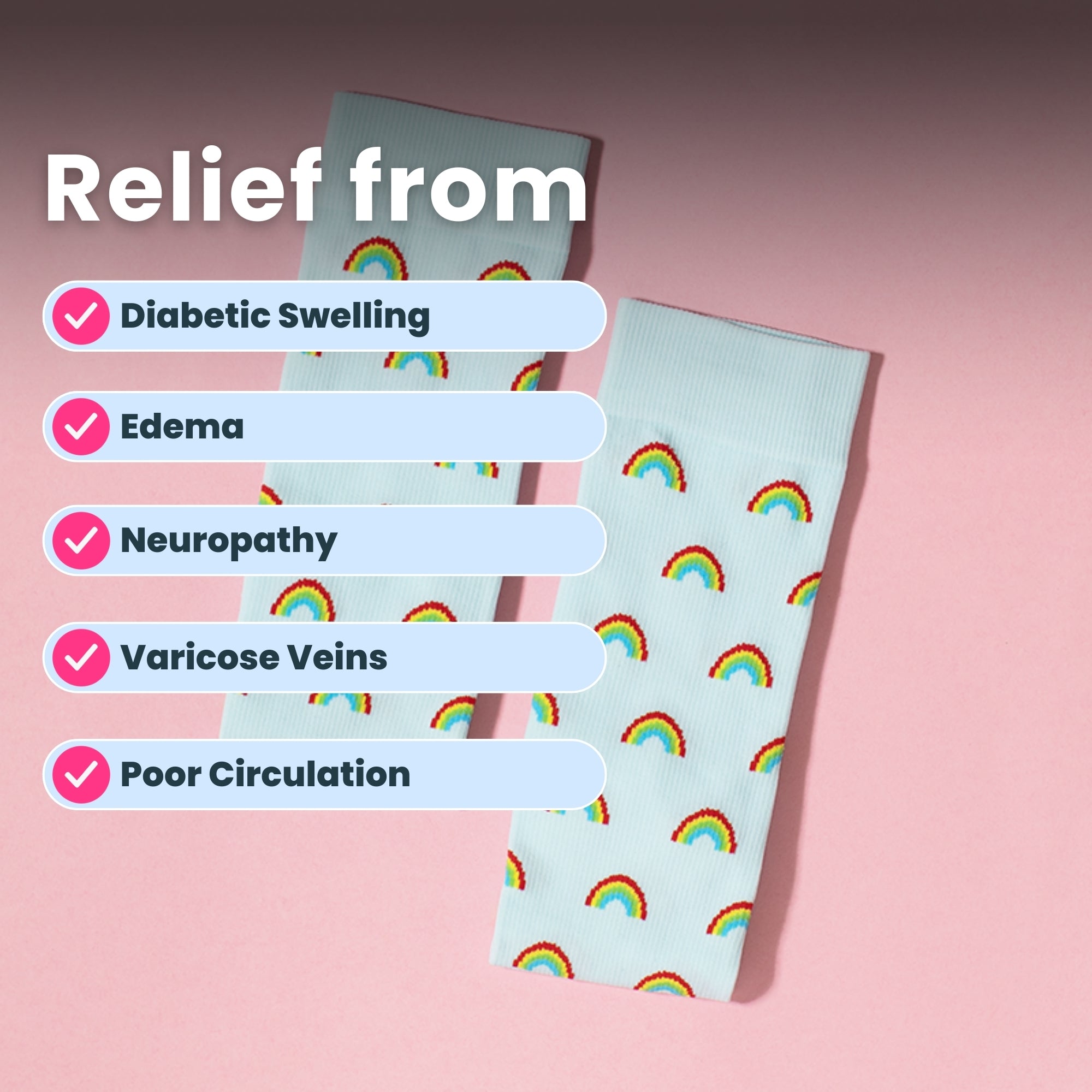 Light blue compression socks with rainbow patterns folded in half