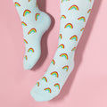 Light blue compression socks with rainbow patterns 