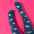 Navy blue compression socks with shark pattern