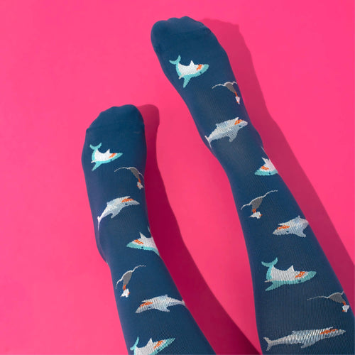 Navy blue compression socks with shark pattern