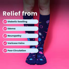 Model standing wearing navy blue knee high compression socks with space design.