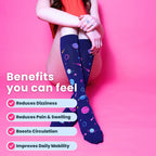 Woman wearing space-themed compression socks